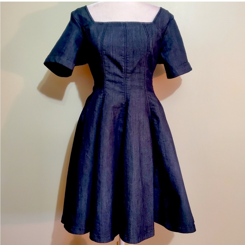 Anthropologie Short-Sleeve Square-Neck Denim fit & flare mini Dress XS NWT - Picture 2 of 16